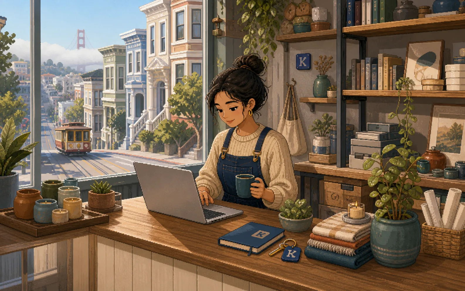 Pixel-art San Francisco studio where a small team prepares to start using Kommit.