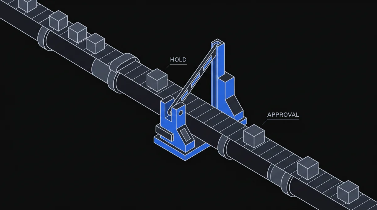 Isometric approval gate set into a pipe, holding one item before it clears.