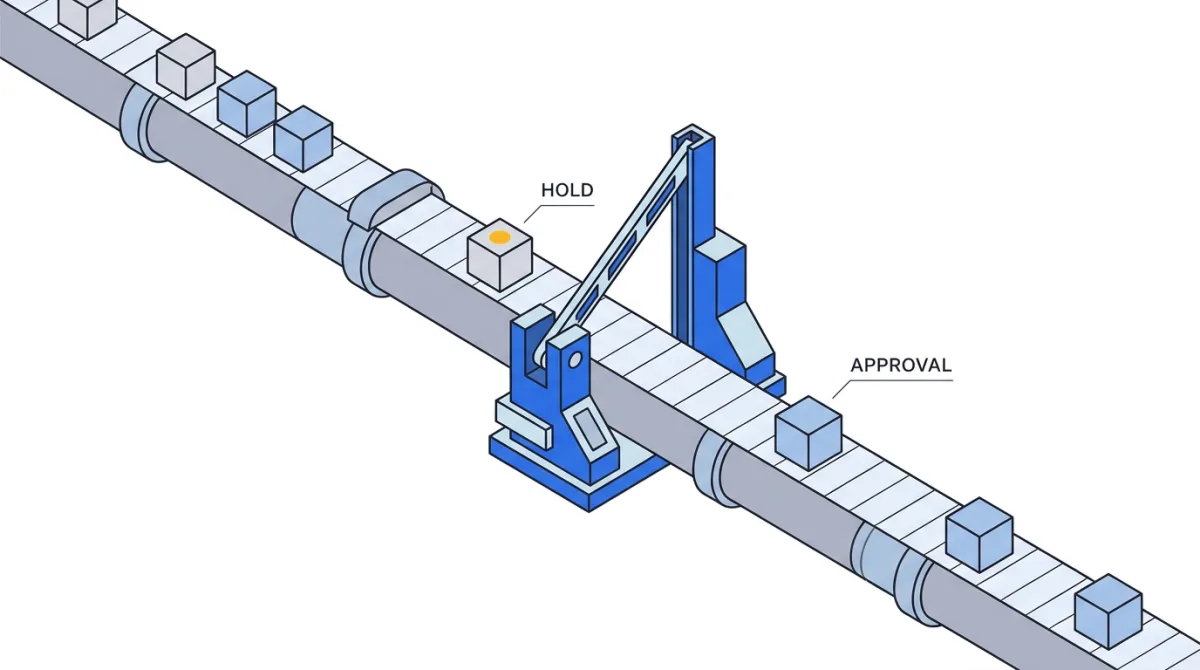 Isometric approval gate set into a pipe, holding one item before it clears.