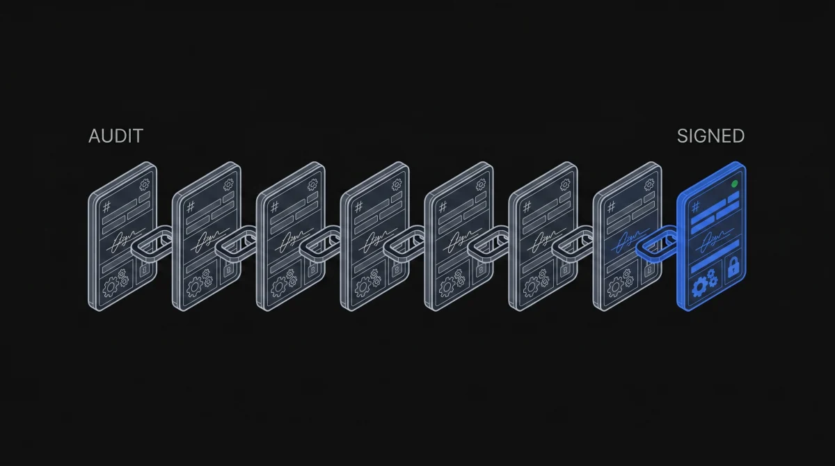 Isometric chain of signed record plates linked in sequence.