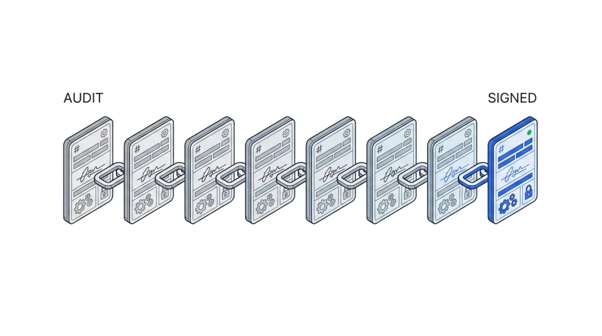 Isometric chain of signed record plates linked in sequence.