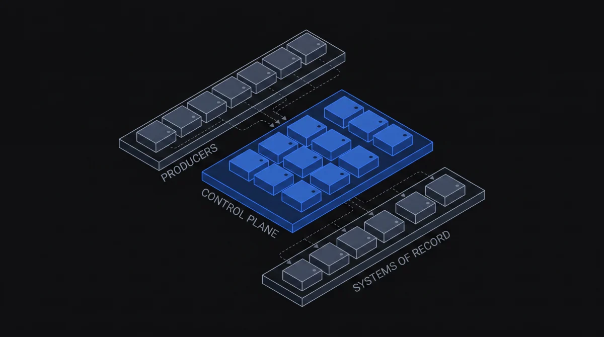 Isometric diagram showing the Kommit control plane between AI agents and business systems.