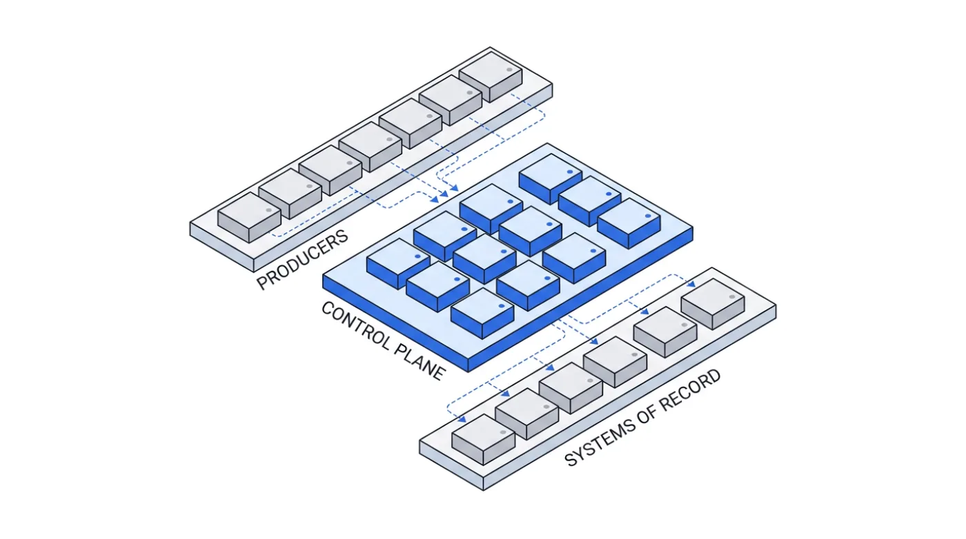 Isometric diagram showing the Kommit control plane between AI agents and business systems.