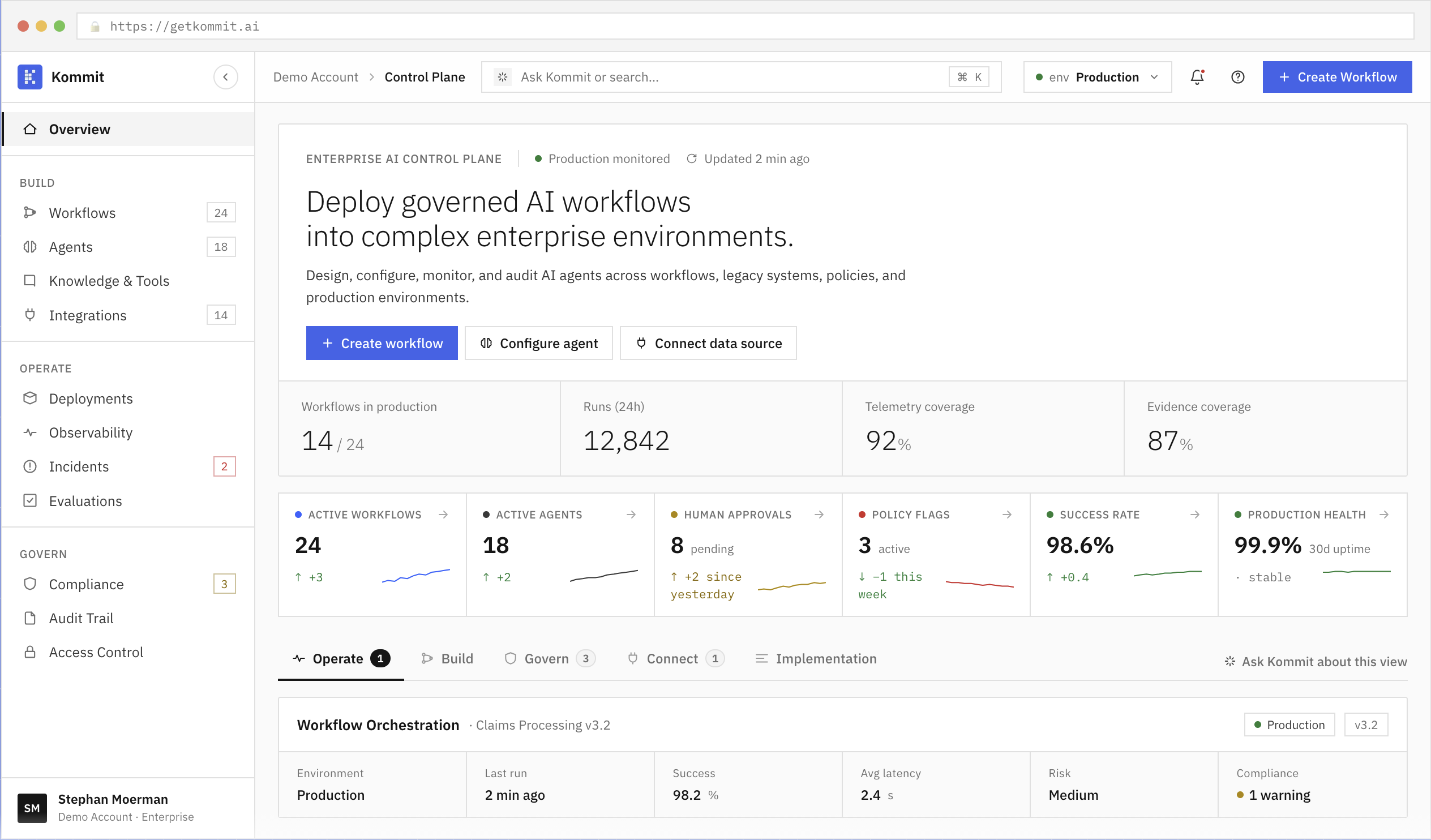Kommit control plane showing a governed AI workflow dashboard with active workflows, agents, approvals, and policy flags